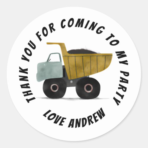 Construction Dump truck Thank You Birthday Favor Classic Round Sticker