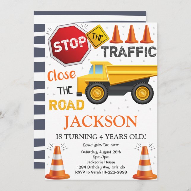 Construction Dump Truck Vehicle Invitation (Front/Back)