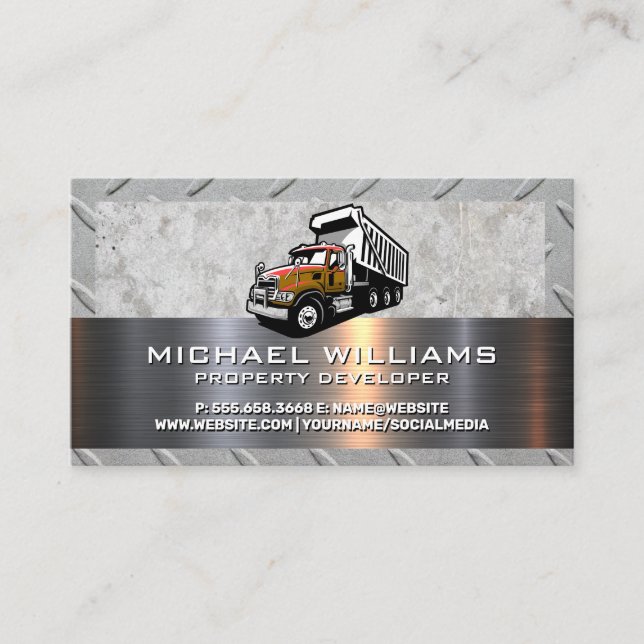 Construction Dump Truck Vehicle | Metal Concrete Business Card (Front)