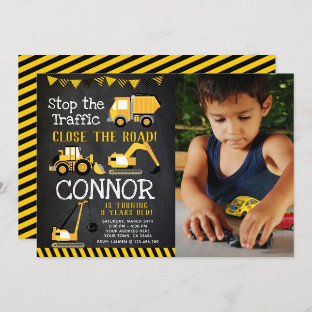 Construction, Dump Truck with photo Invitation (Front/Back)