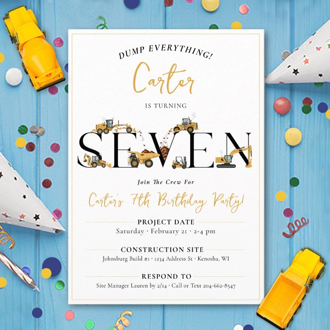 Construction Dump Trucks 7th Boy Birthday Party Invitation (Cute construction trucks theme funny SEVEN boys 7th birthday party invitation dump everything digger)