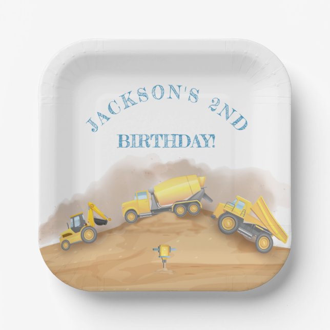 Construction Dump Trucks Birthday Party Paper Plates (Front)