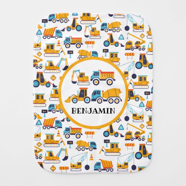 Construction Dump Trucks Cars Pattern Personalized Baby Burp Cloth (Front)