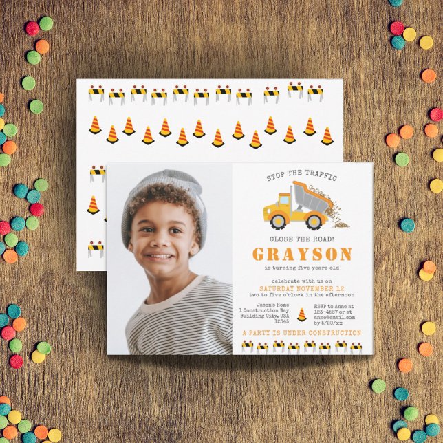 Construction Dump Trucks Digger Birthday Party Invitation (Construction Dump Trucks Boys Digger Party Photo Invitation)
