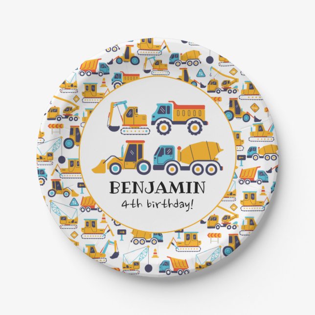 Construction Dump Trucks Vehicles Birthday Party Paper Plates (Front)