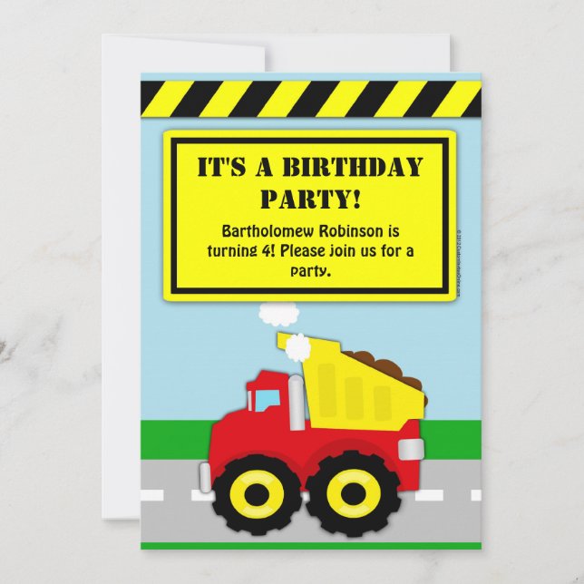 Construction Dumptruck Boys Birthday Invitation (Front)