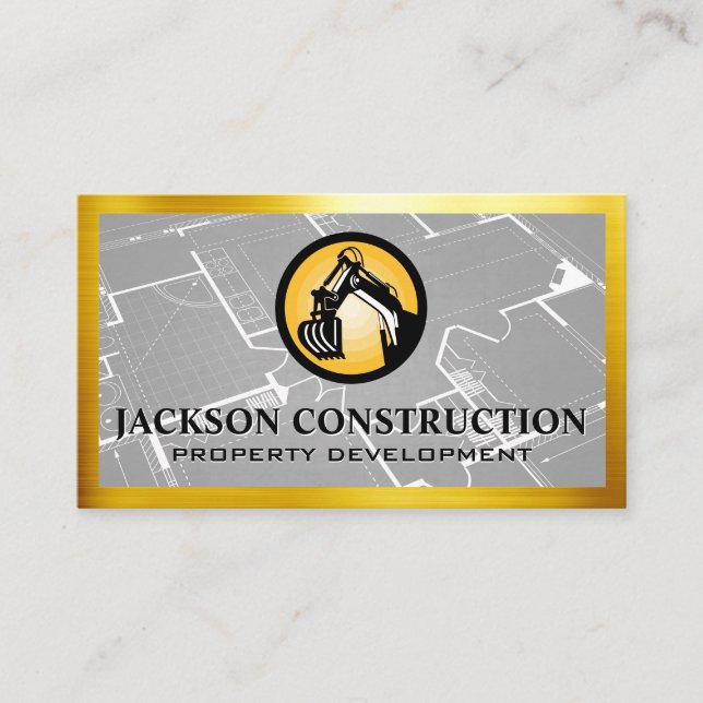 Construction Earth Mover Logo | Blueprint  Business Card (Front)