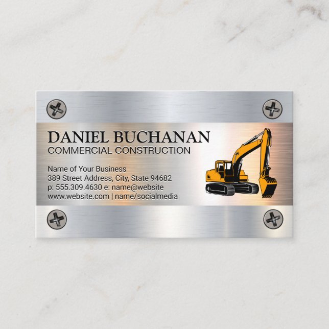 Construction Earth Mover Vehicle | Metallic Screws Business Card (Front)