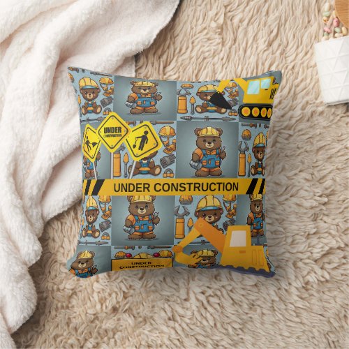 Construction Enthusiast Bear Print Throw Pillow