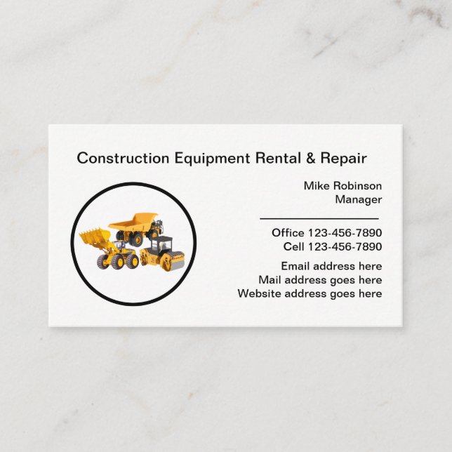 Construction Equipment Rental & Repair Business Card (Front)