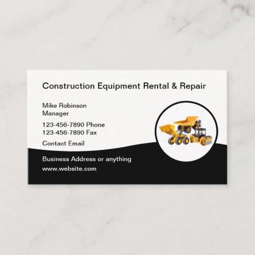 Construction Equipment Rental  Repair Services Business Card