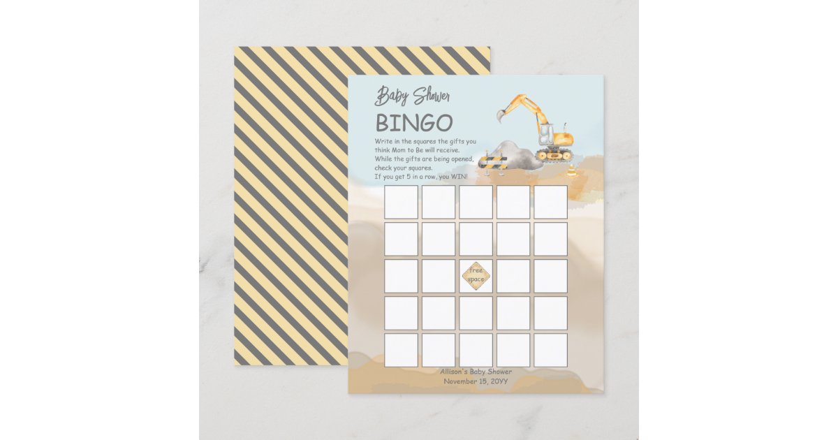 Construction Excavator Boy Baby Shower Bingo Card | Zazzle