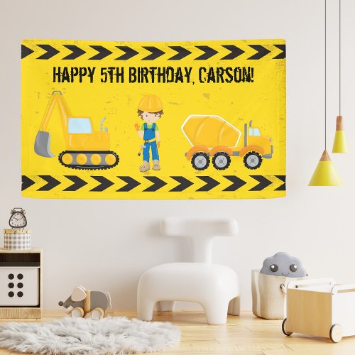 Construction Excavator Custom Kids Happy Birthday Banner