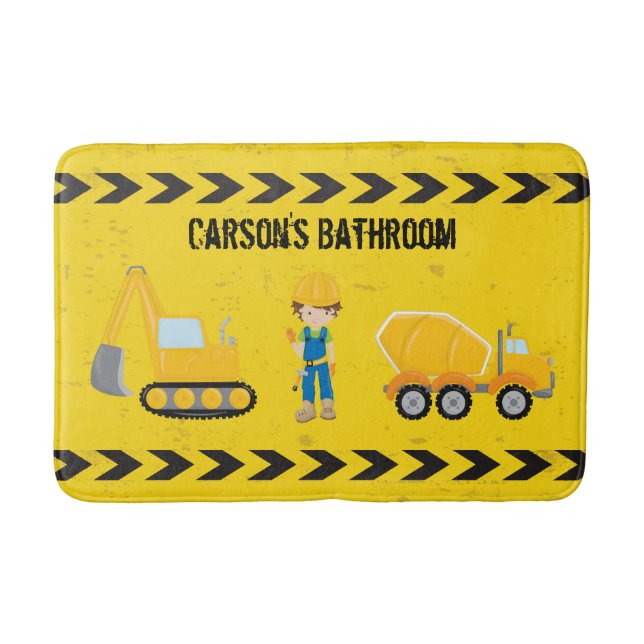 Construction Excavator Custom Kids Yellow Bath Mat (Front)