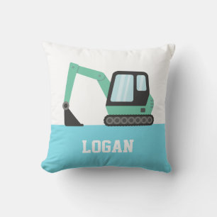 Construction Excavator Green Kids Room Decor Throw Pillow