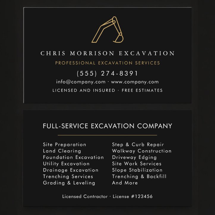 Construction Excavator Heavy Equipment Services Business Card