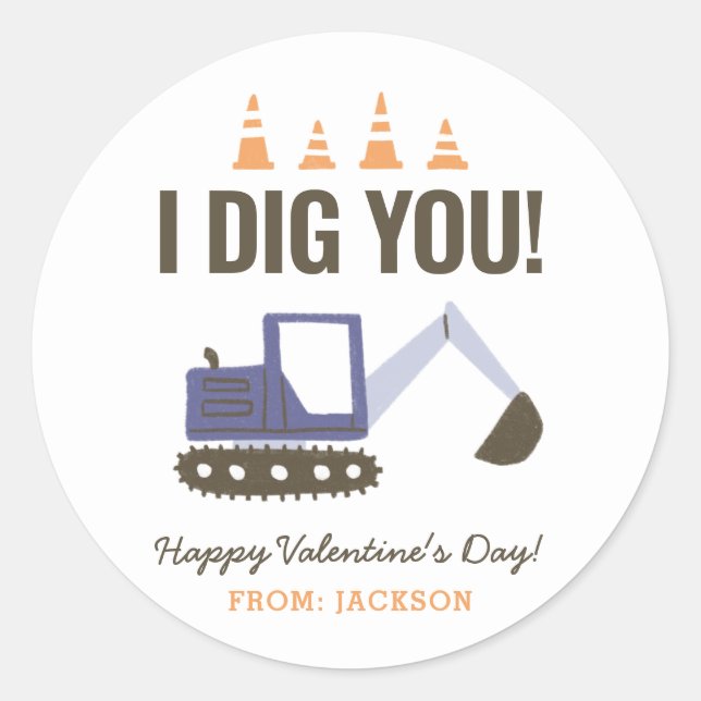 Construction Excavator Kids Classroom Valentine Classic Round Sticker (Front)