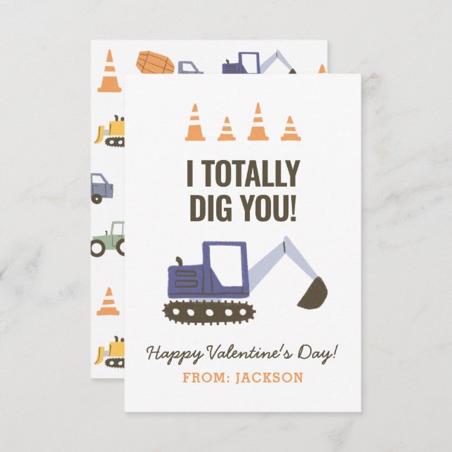 Construction Excavator Kids Classroom Valentine Note Card (Front/Back)