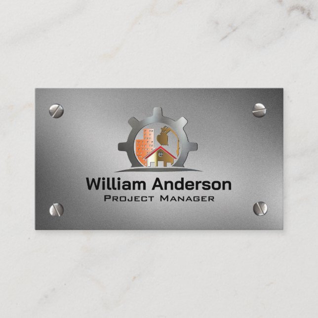 Construction Excavator Logo | Metallic Screws Business Card (Front)