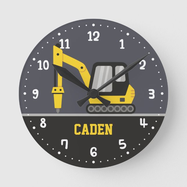 Construction Excavator With Breaker Part Kids Room Round Clock (Front)