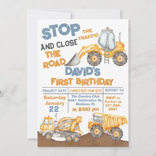 Construction First Birthday Dump Truck Party Invitation