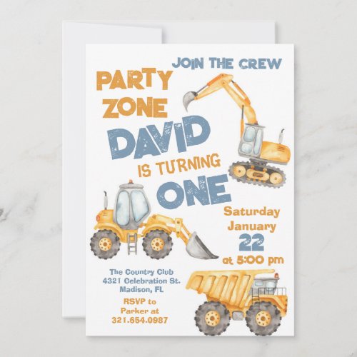 Construction First Birthday Party Invitation