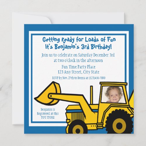 Construction Fun Backhoe photo Invitation