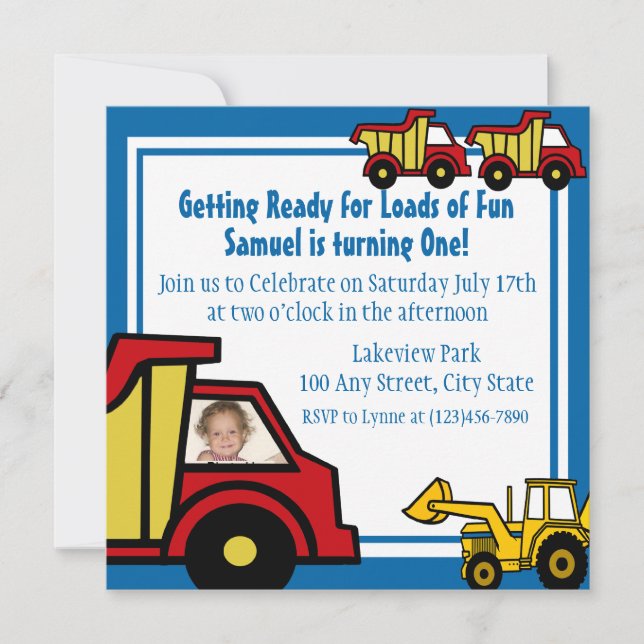 Construction Fun Dump truck Photo Invitation (Front)