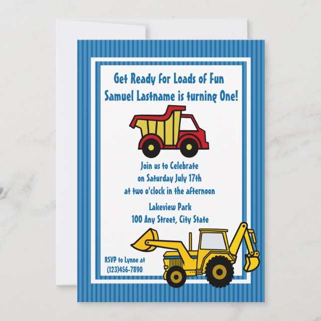 Construction Fun Dump truck Photo Invitation (Front)