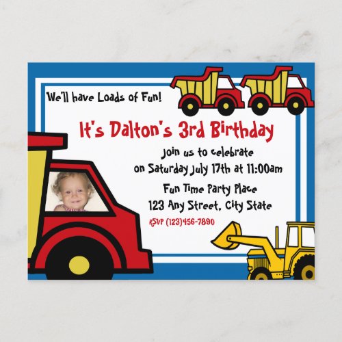 Construction Fun Dump Truck Photo Invitation Postcard