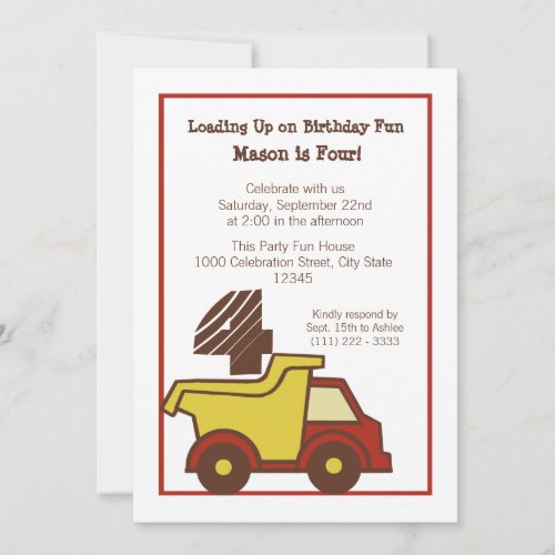 Construction Fun Dump Truck Red Invitation