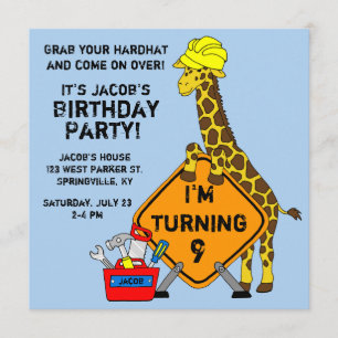 Construction Giraffe Birthday Invitation