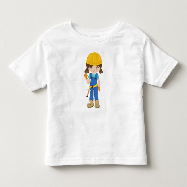 Construction Girl, Brown Hair, Cute Girl, Hammer Toddler T-shirt (Front)