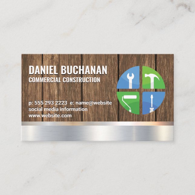 Construction Hand Tools Icons | Wood Business Card (Front)
