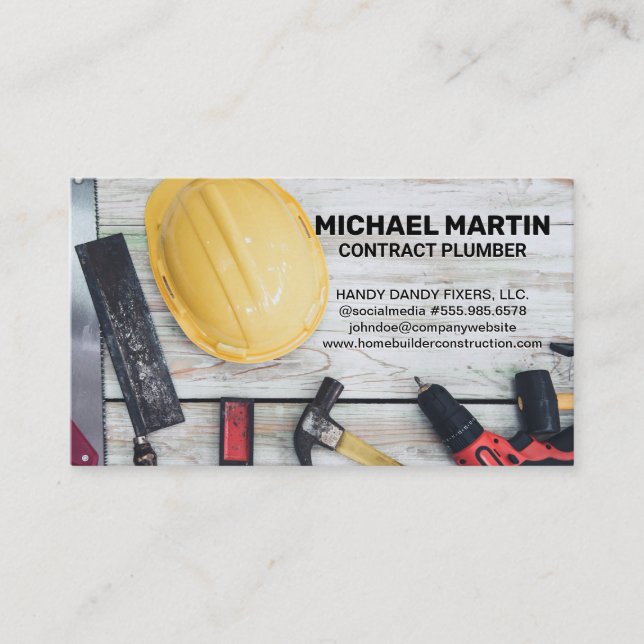 Construction Hand Tools on Wood Table Business Card (Front)