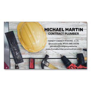 Construction Hand Tools on Wood Table Business Card Magnet
