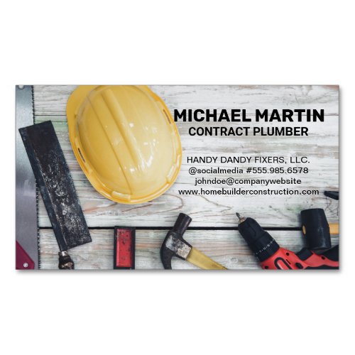 Construction Hand Tools on Wood Table Business Card Magnet