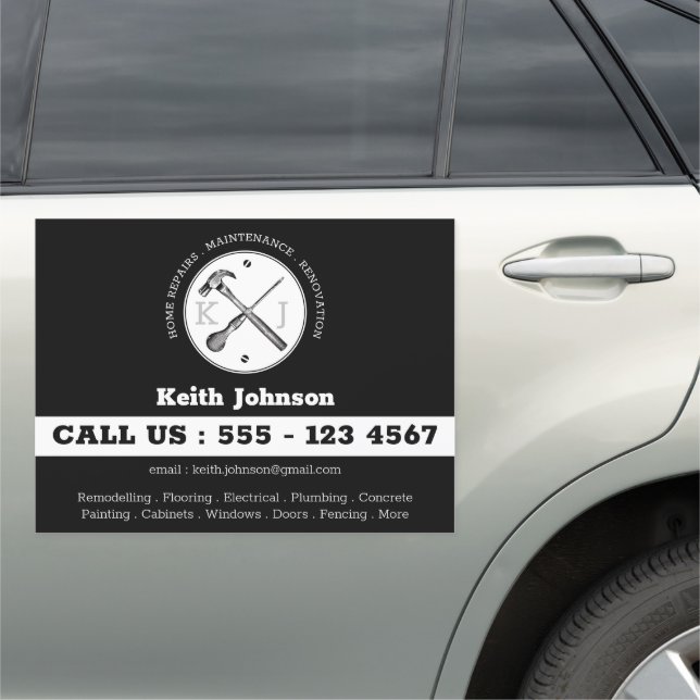  Construction Handyman Black Monogram Logo Car Magnet (In Situ)
