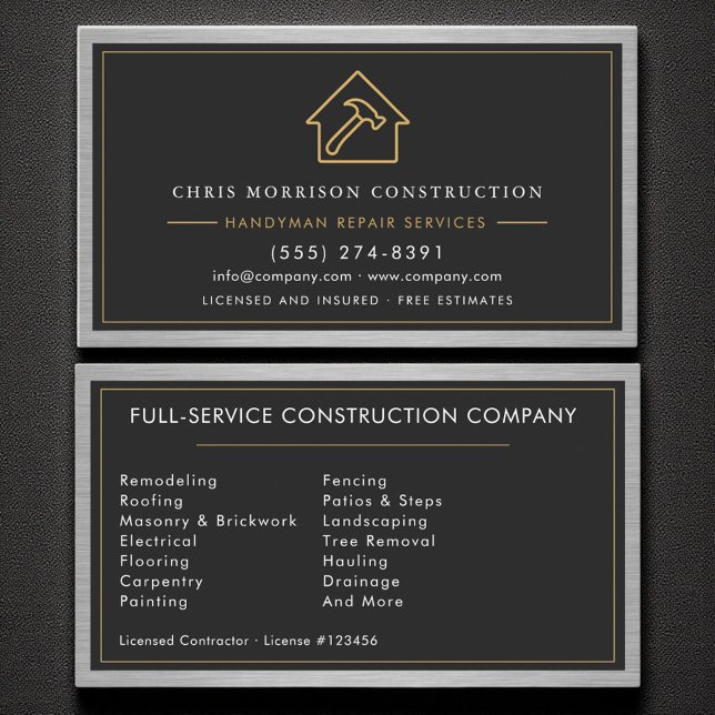 Construction Handyman Metal Black Gold  Business Card (Creator Uploaded)