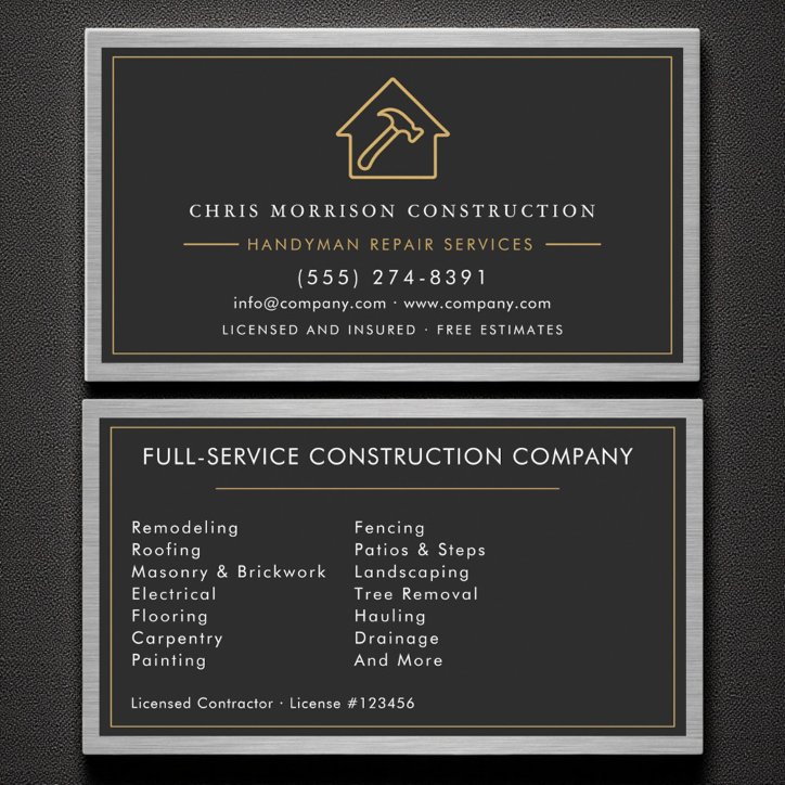 Construction Handyman Metal Black Gold Business Card