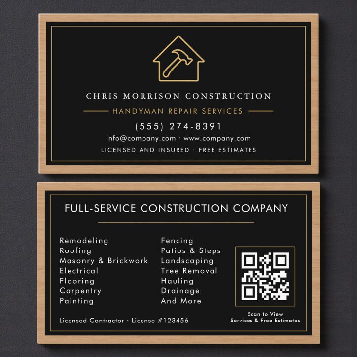 Construction Handyman QR Code Wood Business Card