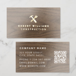 Construction Handyman Tools QR Code Gold Foil Wood Business Cards