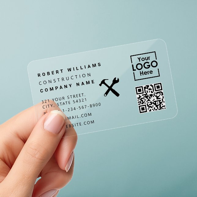 Construction Handyman Tools QR Code Transparent Clear Business Cards (Handheld)