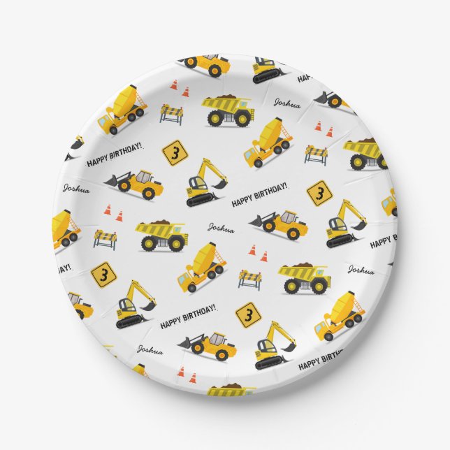 Construction Happy Birthday Custom Name Any Age Paper Plates (Front)