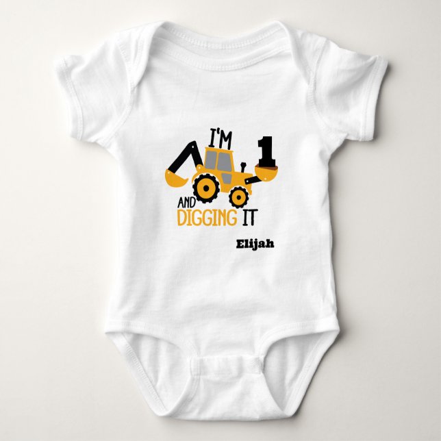 Construction Happy Birthday Digging It Age Name Baby Bodysuit (Front)