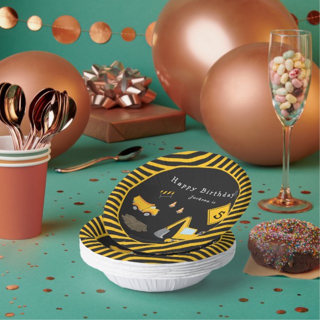 Construction Happy Birthday - Name and Age Boy Paper Bowls (Multi)