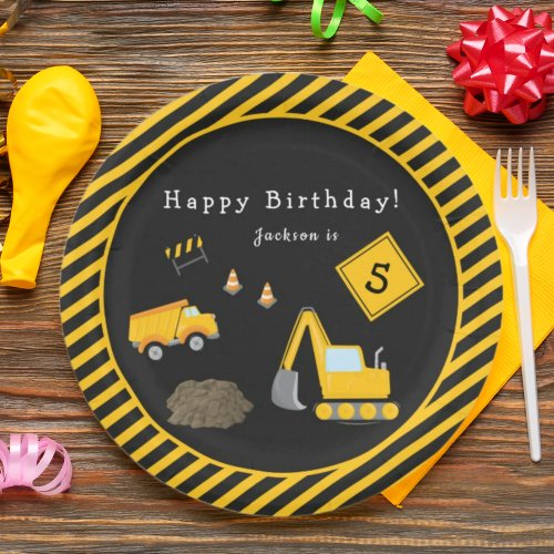 Construction Happy Birthday _ Name and Age Boy Paper Plates