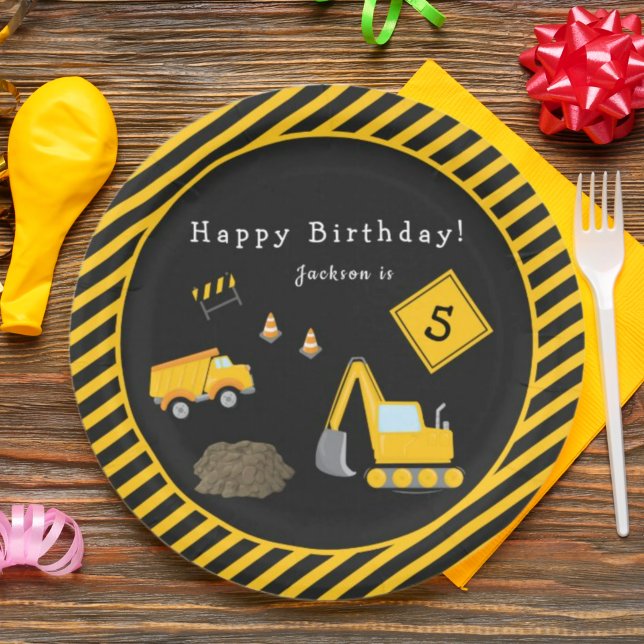 Construction Happy Birthday - Name and Age Boy Paper Plates (Creator Uploaded)