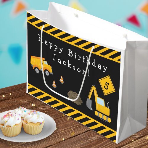 Construction Happy Birthday with Name and Age Boy Large Gift Bag