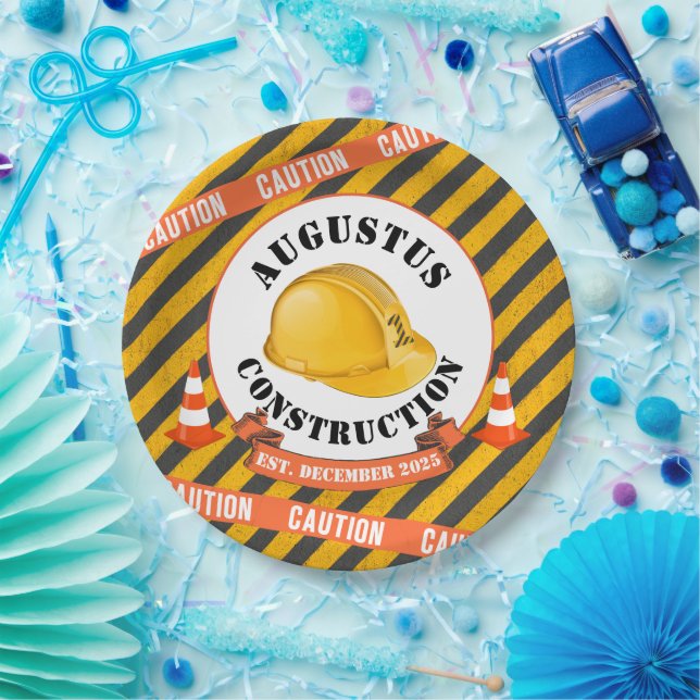 Construction Hard Hat|Black & Yellow 1st Birthday Paper Plates (Party)